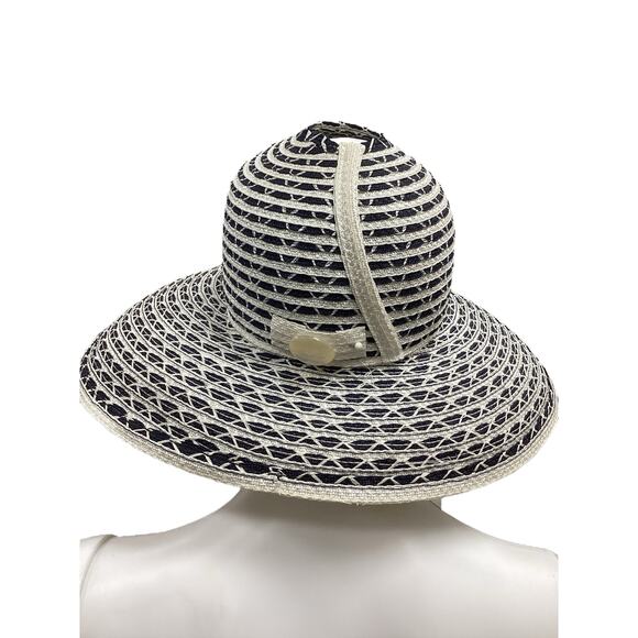 Vintage Yves Saint Laurent Hat Women’s 1 Size StrawSun Hat Open Top Navy & Cream - Picture 4 of 7